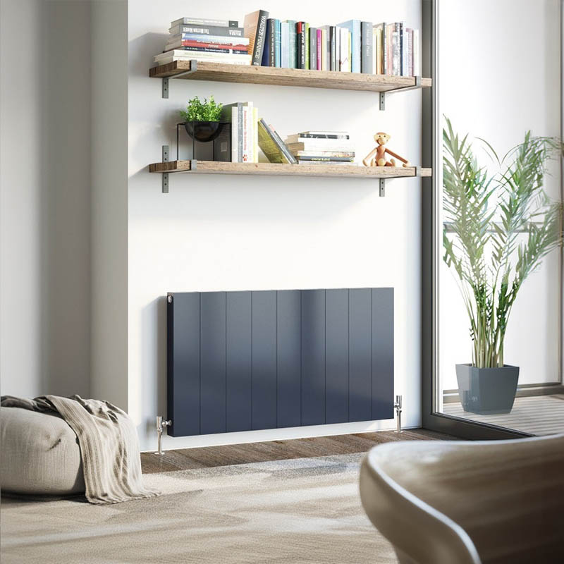 A shiny dark grey horizontal radiator featuring 9 rectangle, flush, vertical panels. It is mounted a=on a rich dark brown wooden floor against a white wall with two floating shelves above it housing a range of colourful books, a potted plant and a monkey.